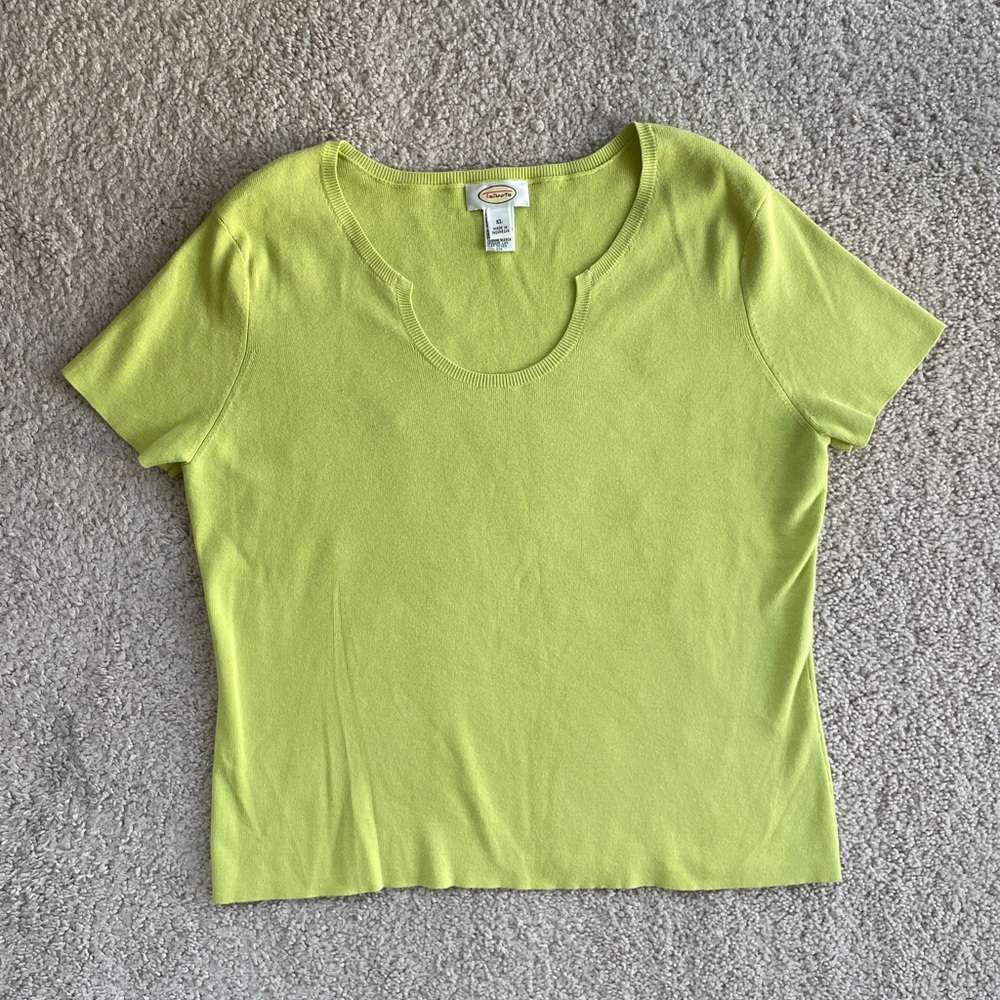 Talbots Lime Green Knit Short Sleeve Top Size XL Ribbed Scoopneck Contemporary